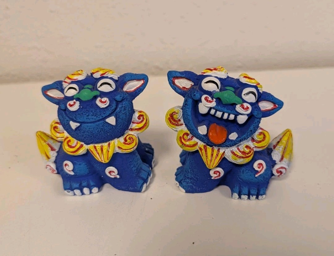 Shisa set of 2 small blue resin guardian foo dog figurines