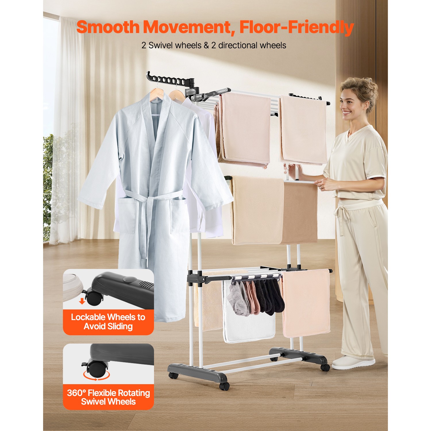 67.5“ Foldable Clothes Drying Rack Rolling Folding 4-Tier Dryer Hanger 4 Castors