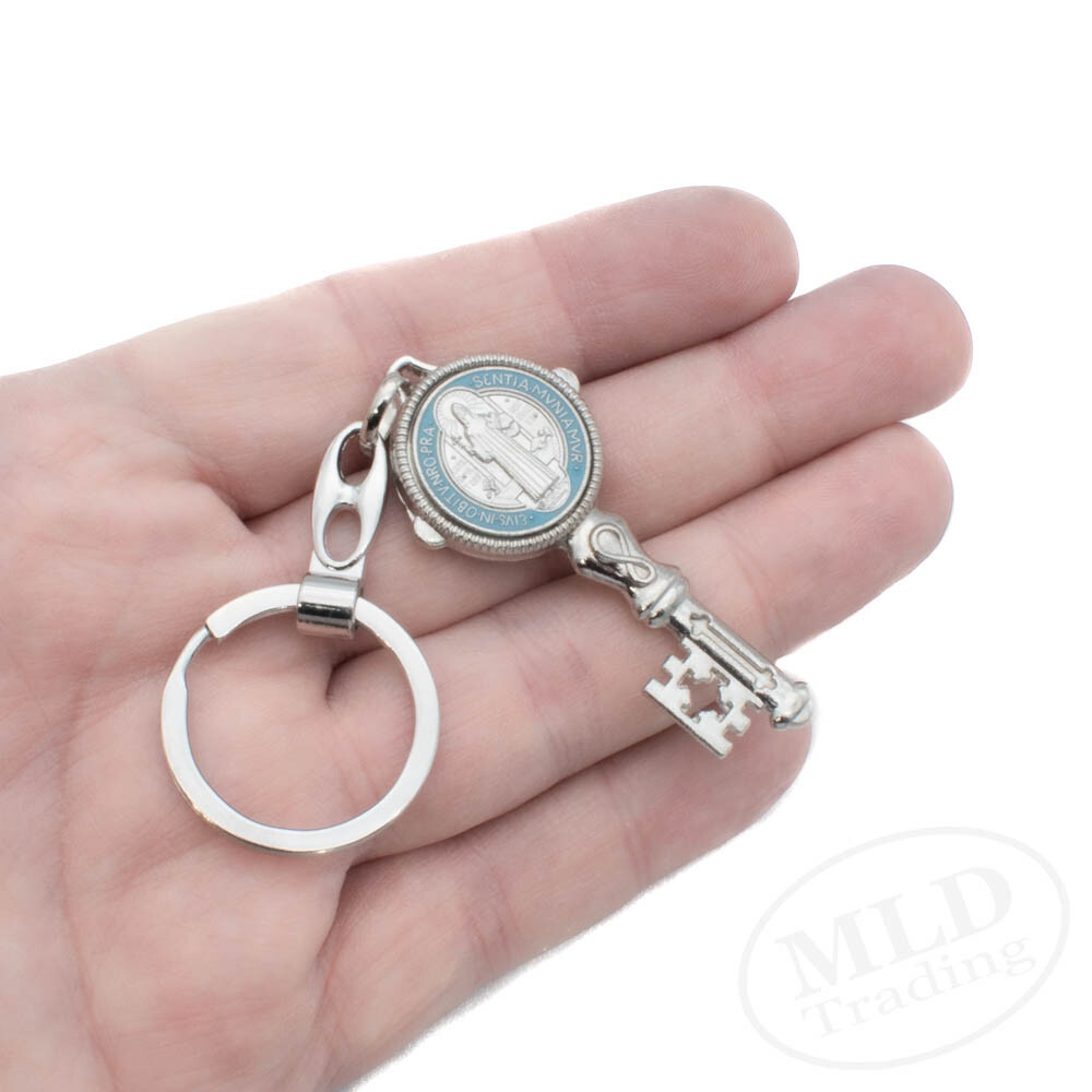 Saint St Benedict Key Shaped Medal Pendant Key Chain Silver & Blue - Religious