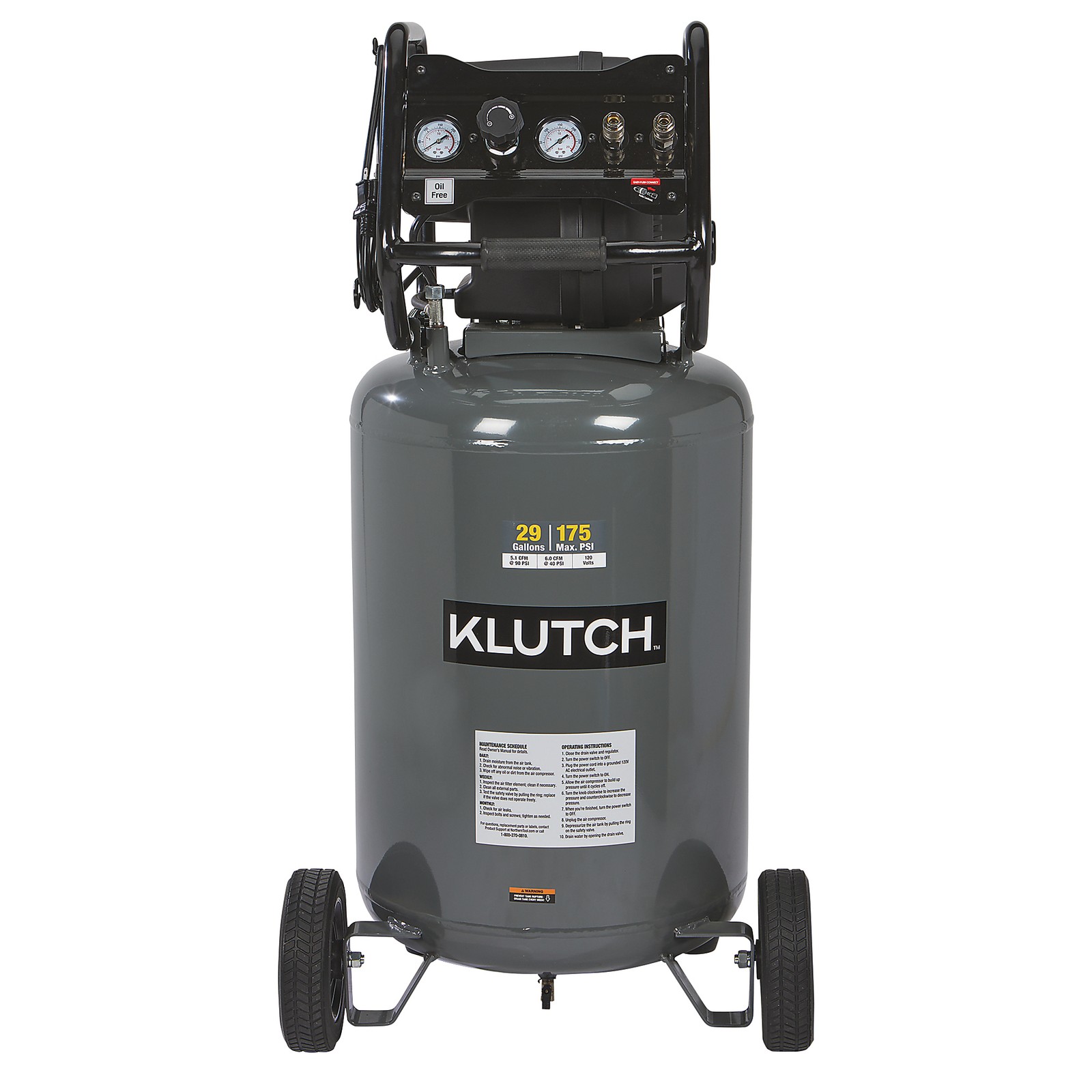 Klutch 29-Gallon Air Compressor, 2.5 HP, 120 Volts, 175 PSI