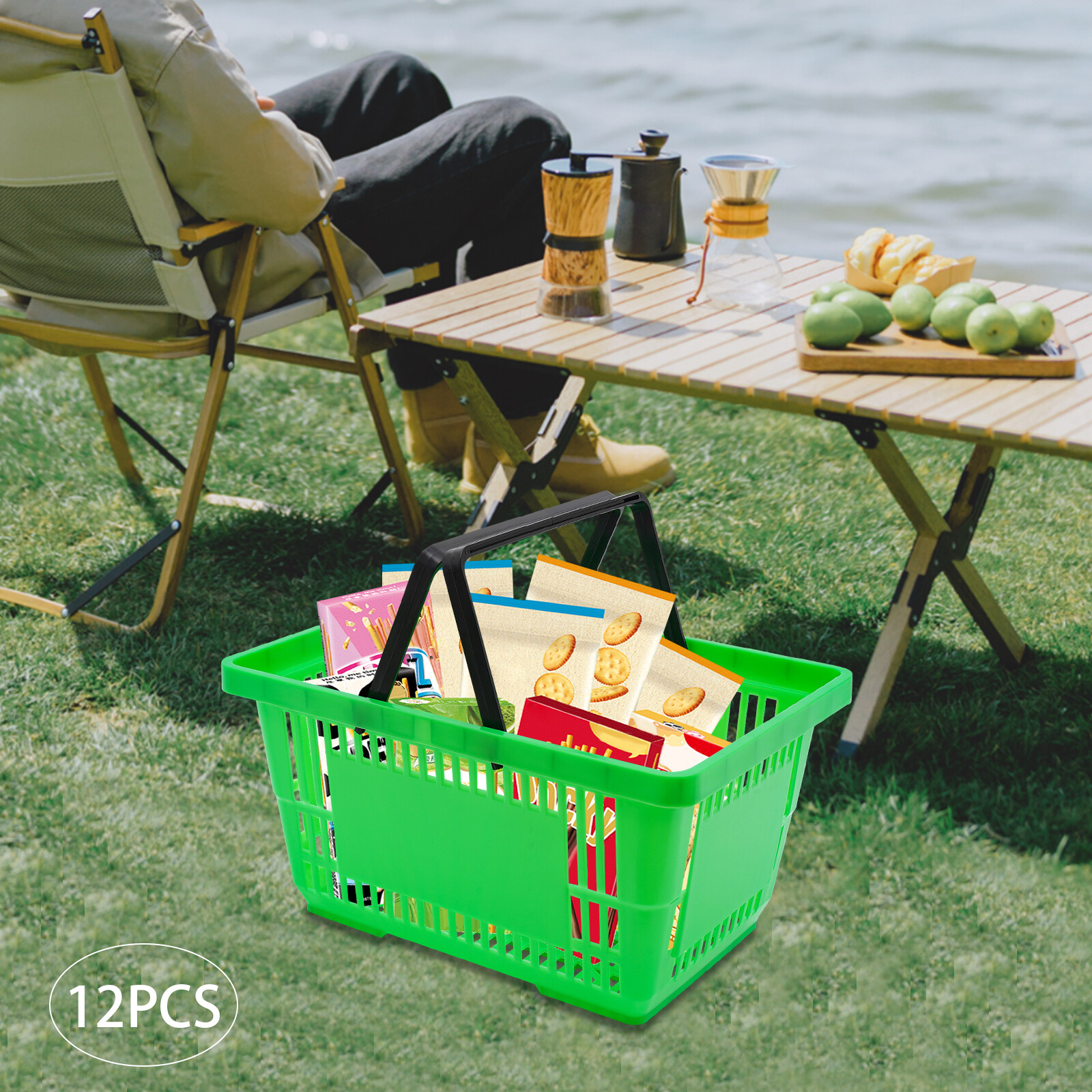 12PCS 28L Mesh Shopping Baskets with Handles Plastic Shopping Basket Portable