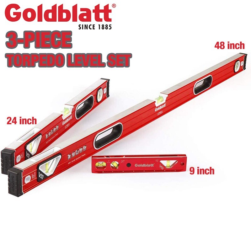 Goldblatt 3PCS Torpedo Level Set 9" 24" 48" Spirit Level Included Aluminum Alloy