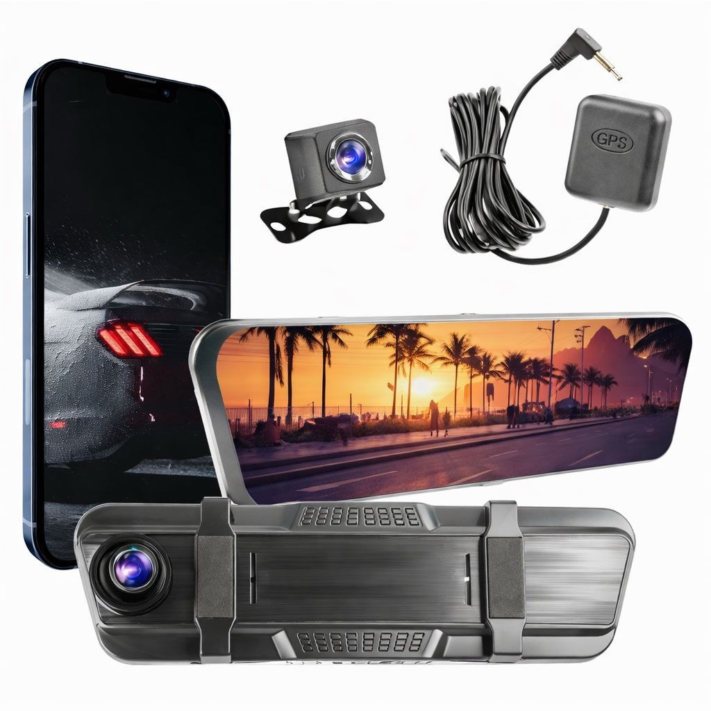 Car In-Mirror Mounted Camera Video Player Dash Cam 1080P+720P Front Rear Wide