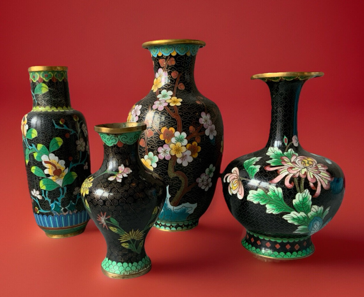 Lot Of 4 CLOISONNE Noir Enamel On Brass Variety Shapes Vases Vintage & Antique