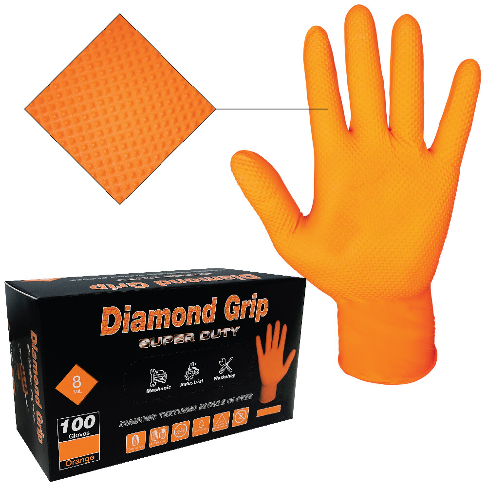 Heavy Duty Industrial Orange Nitrile Gloves with Raised Diamond Texture, 8-mil
