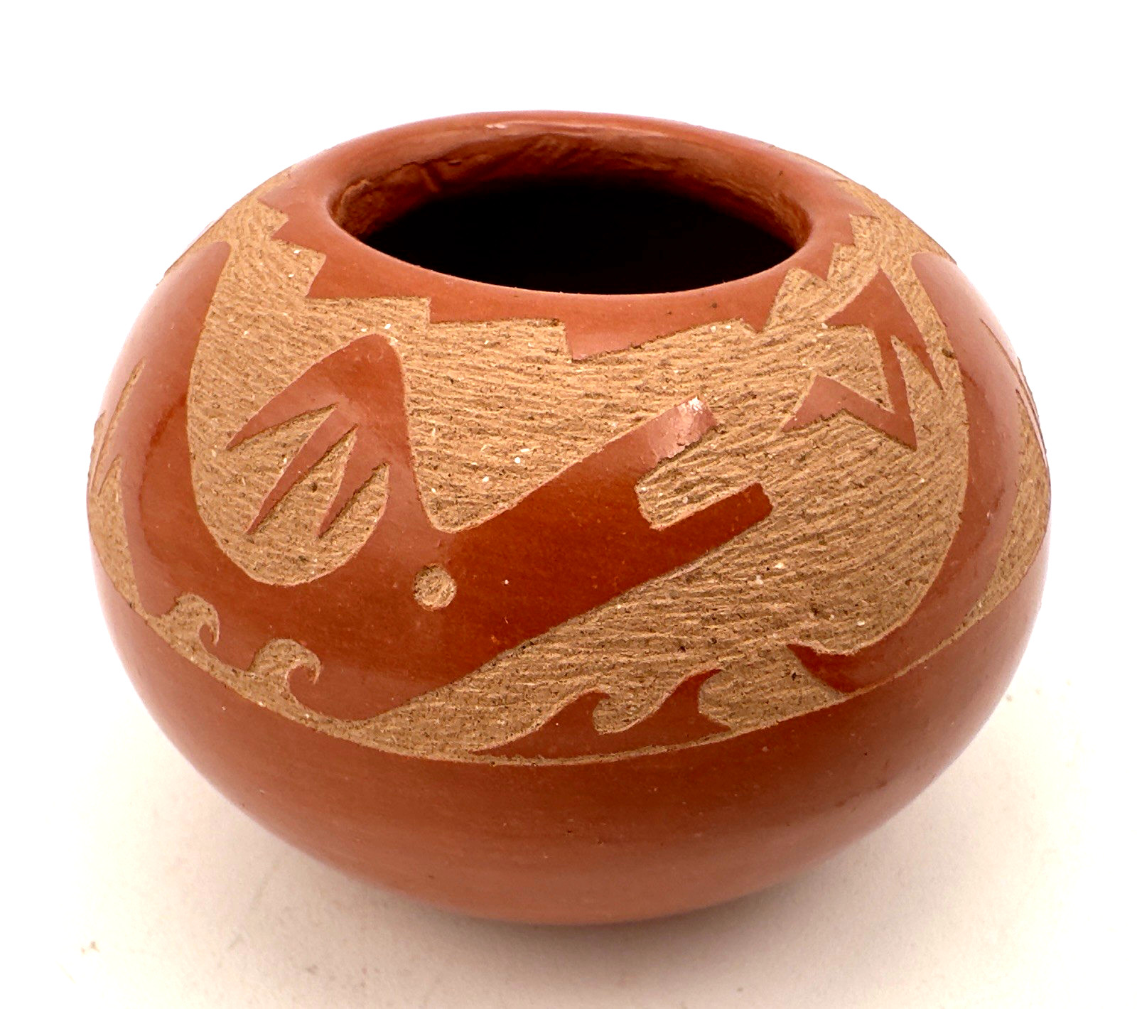 2.5" Ildefonso Pueblo Sgraffito Avanyu Redware Pottery Jar - Alfred Aguilar