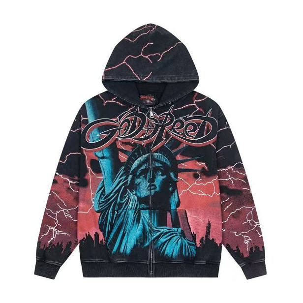 Mens Godspeed Statue of Liberty Lightning Sky Print Long sleeved zipper Hoodie