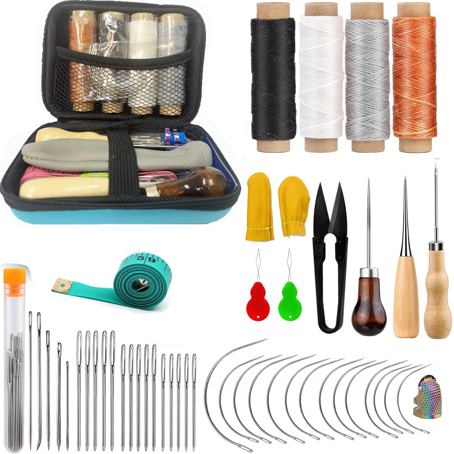 Upholstery Repair Leather Sewing Kit Waxed Thread Stitching Needles Awl Hand