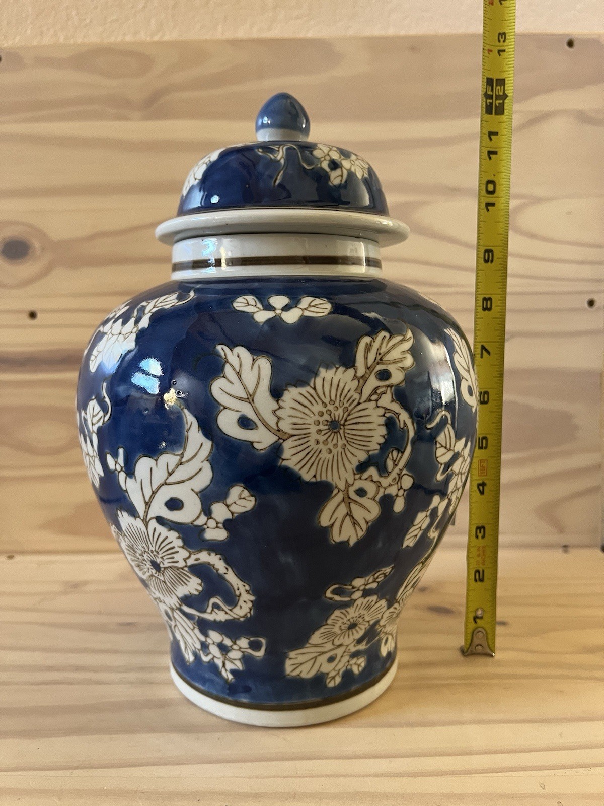 Galt International Blue and White Floral Chinoiserie Ginger Jar 12" w/Lid NEW