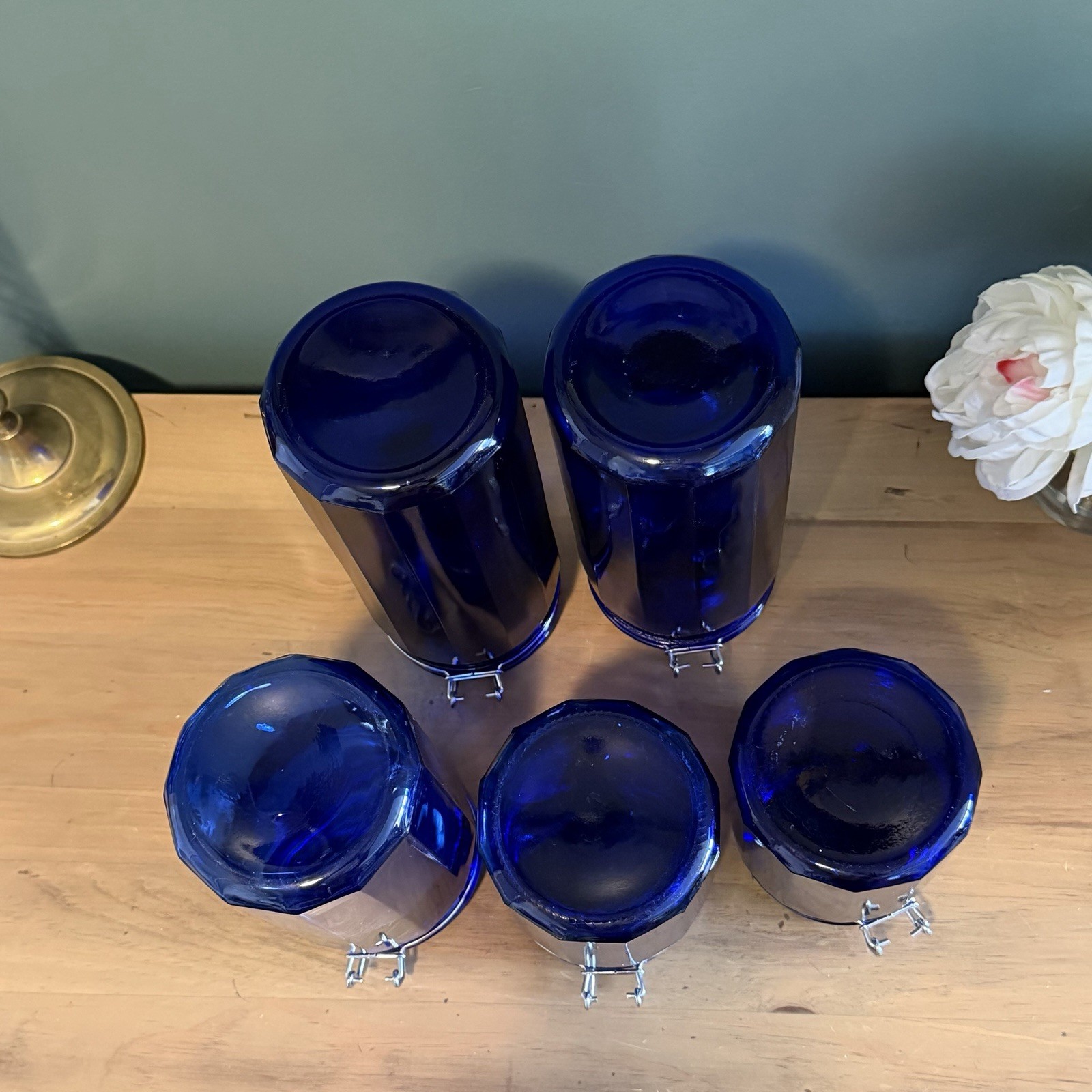 Vintage Cobalt Blue Glass Canister Set 5 Wire Bale Jars Italian Glass