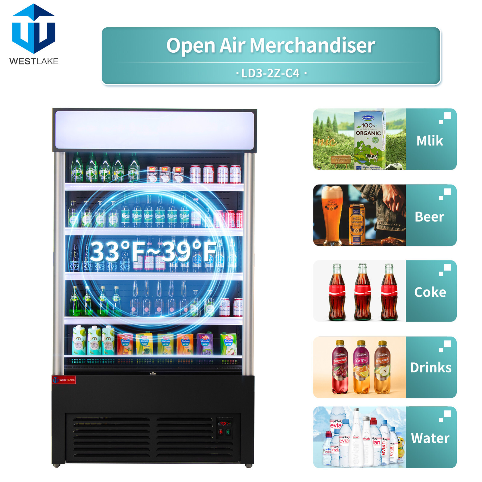 Open Air Merchandiser, 46"W 26" D Black Refrigerated Air Curtain Merchandiser