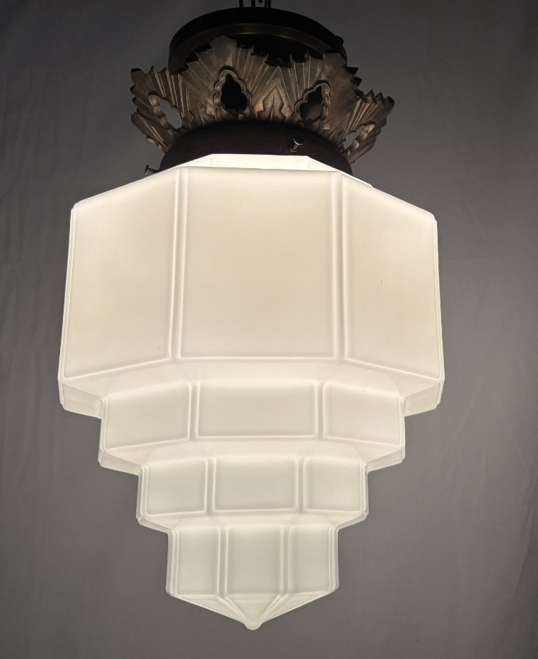 Skyscraper Light Fixture Ceiling Flush Brass Vtg Art Deco Glass Shade USA #L39