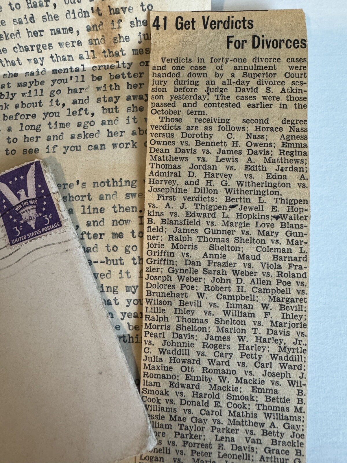 Personal Letter About Divorce 1945 Typed Article Clipping Correspondence