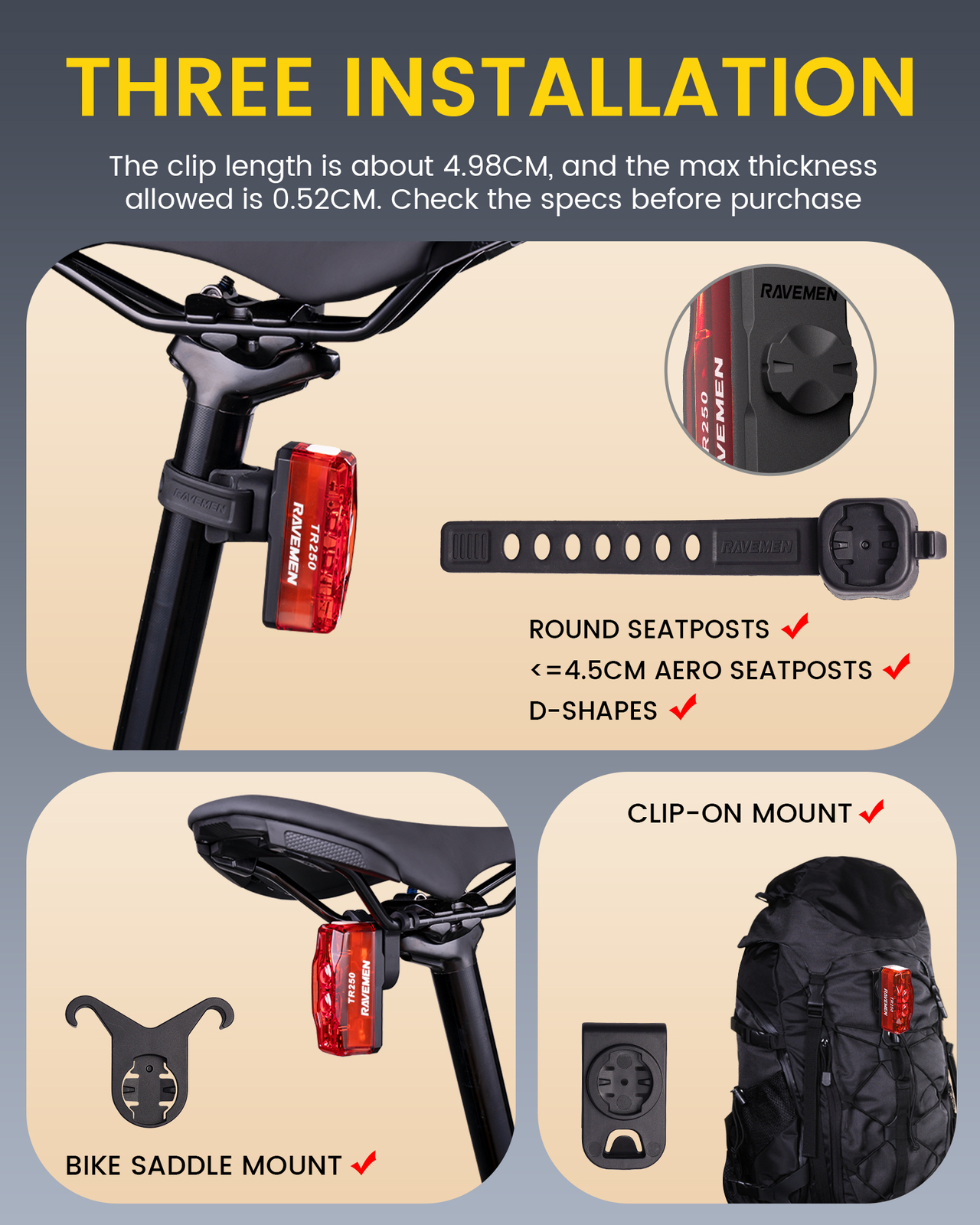 RAVEMEN TR250 Bike Light Bicycle Tail Light Brake Sensor Auto On-Off With ABM07