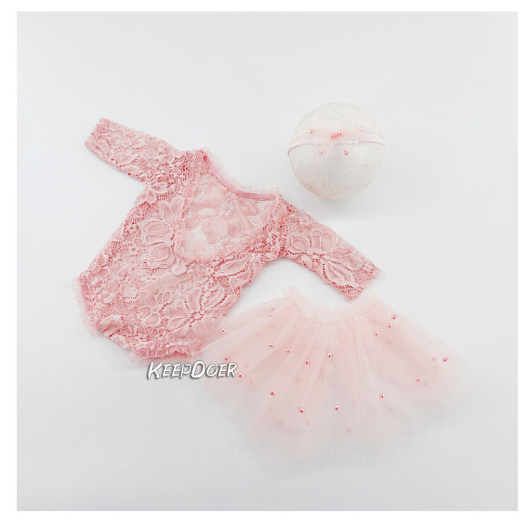 Newborn Baby Girl Lace Pearl Dress Skirt Headband Photography Props Photo Shoot