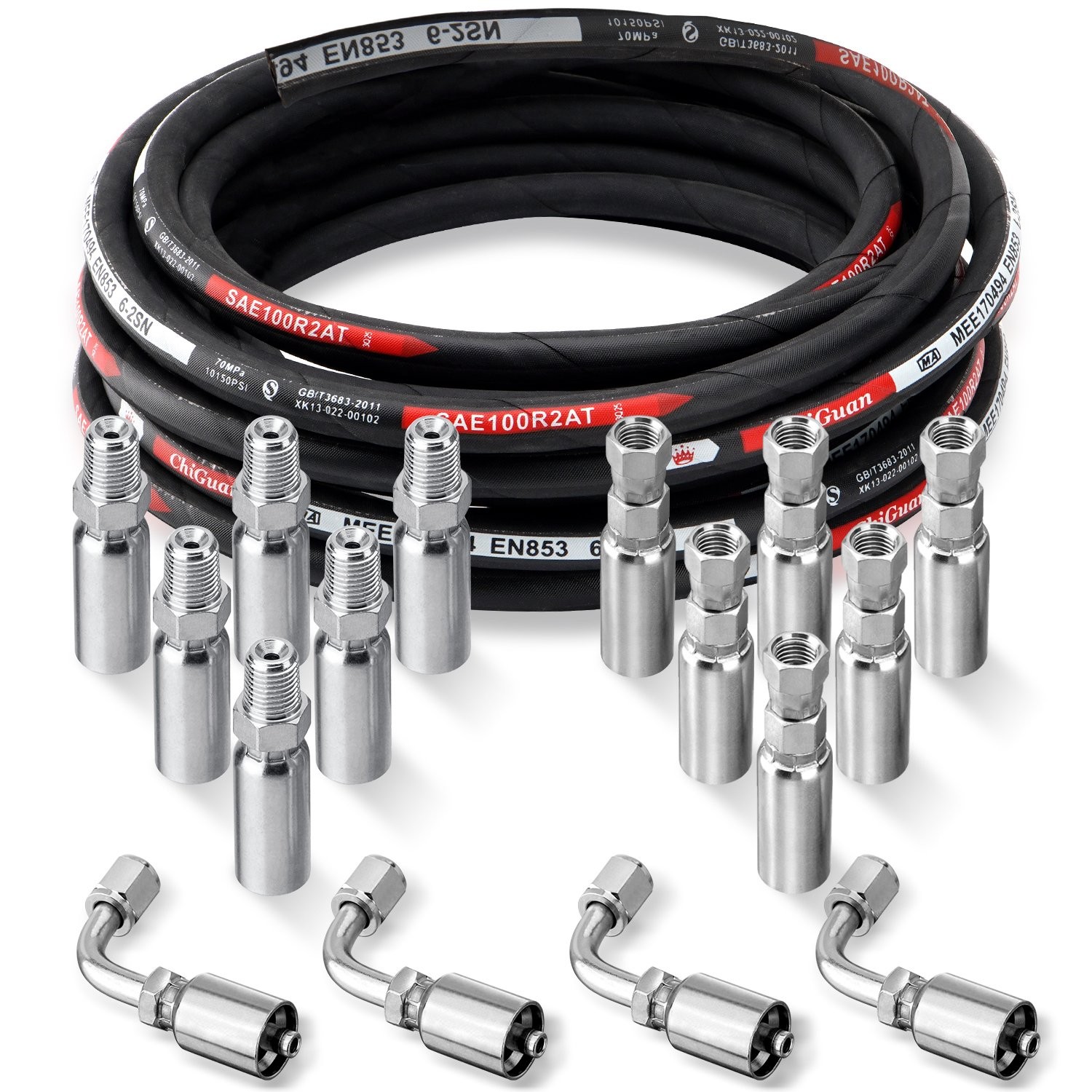 Hydraulic Hose Kit 33FT Hose + Straight & 90° 1/4" JIC & 1/4" NPTF Male Fittings