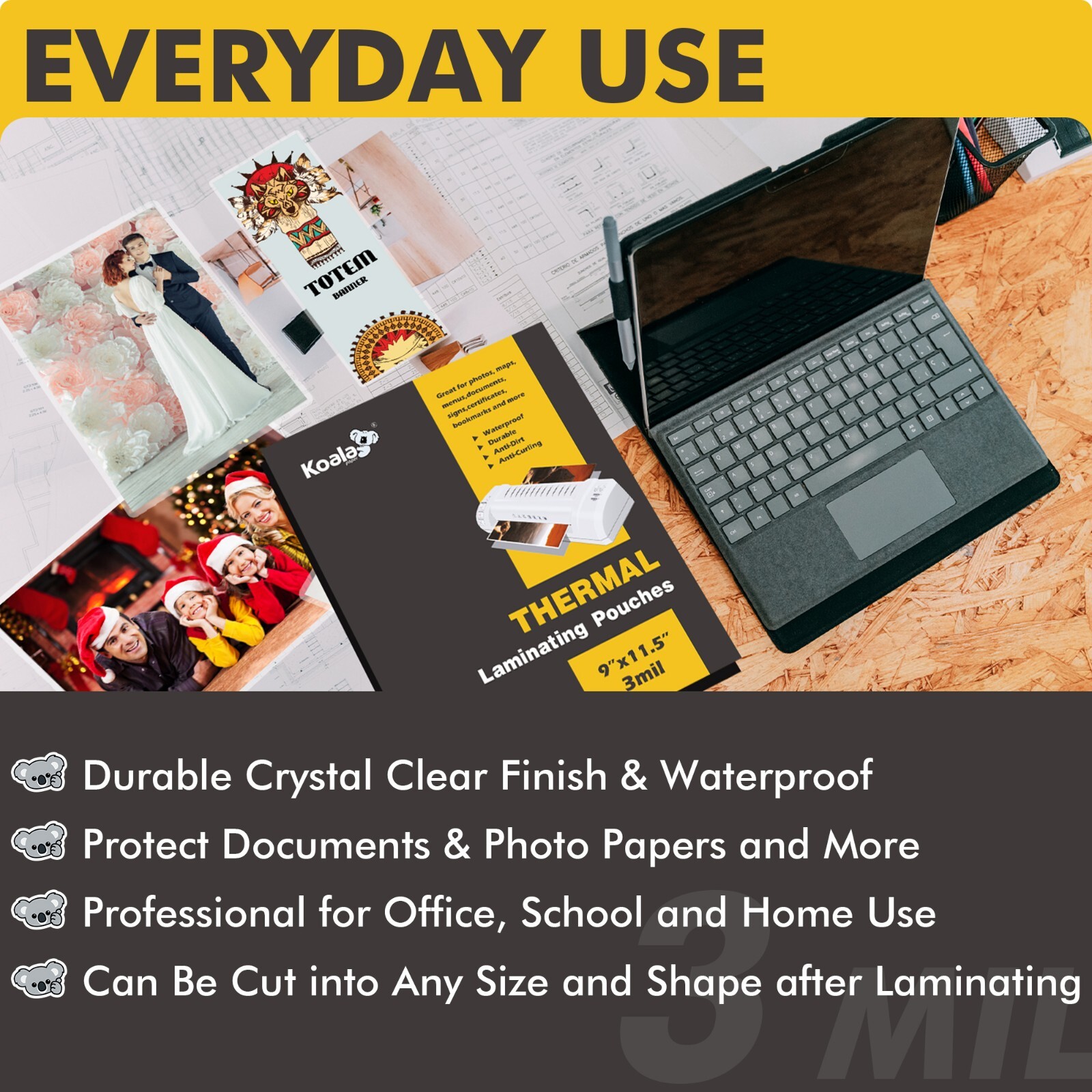 KOALA Thermal Laminating Pouches 9"x11.5" Clear Laminate Sheets Letter 3Mil 100P