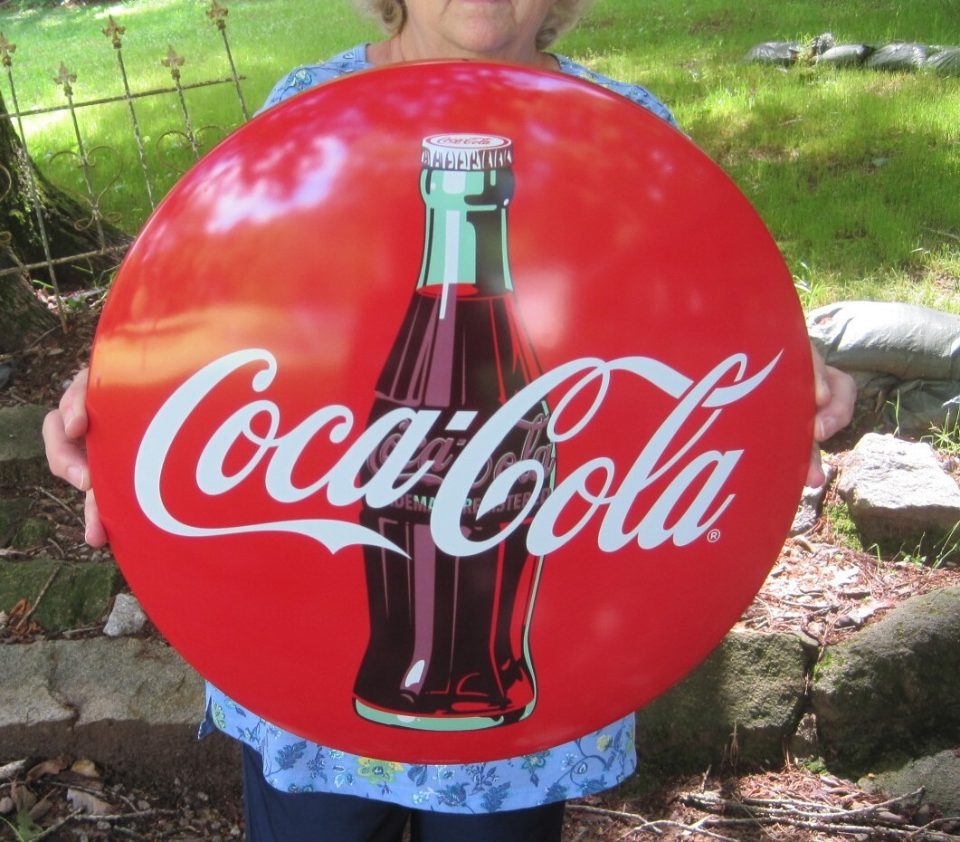 (2) 16" Coca Cola Metal Dome Button Advertising Coke Signs 1950's Diner Style