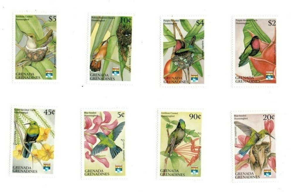 Grenadines 1992 - Hummingbirds Flowers - Set of 8 stamps - Scott #1423-30 - MNH