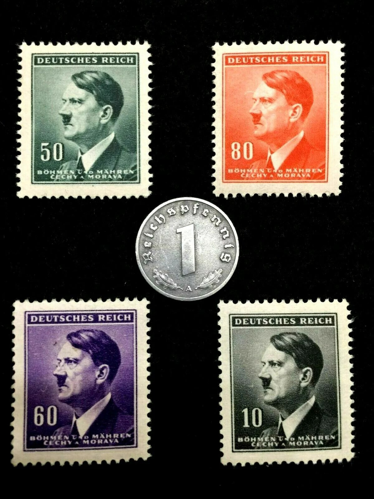 Germany WWII Coin & 4 MNH Stamps Böhmen Und Mähren 1940s Historic Collector Set