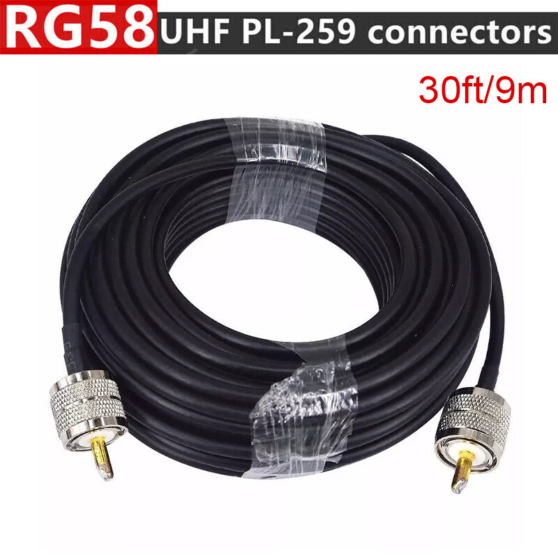 RG-58 RF Coaxial Cable UHF PL-259 Male to Male Connector Ham CB Radio 30-100ft