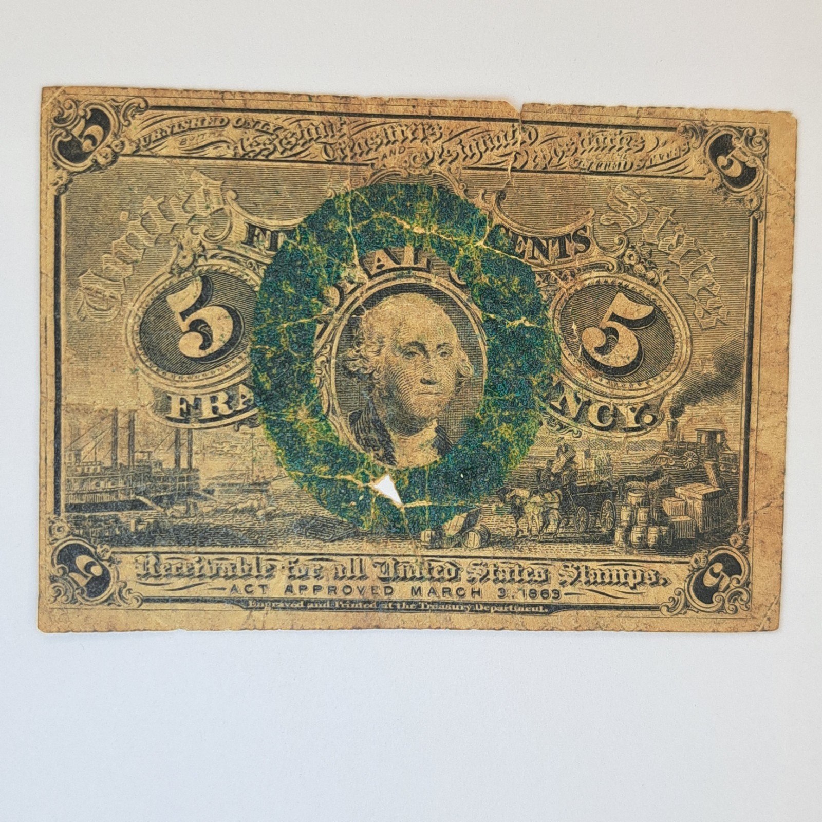 1863 United States 5 Cents Fractional Currency Banknote Well Circulated Tears