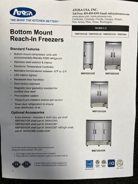Atosa MBF8503GR, Bottom Mount 2-Door FREEZER