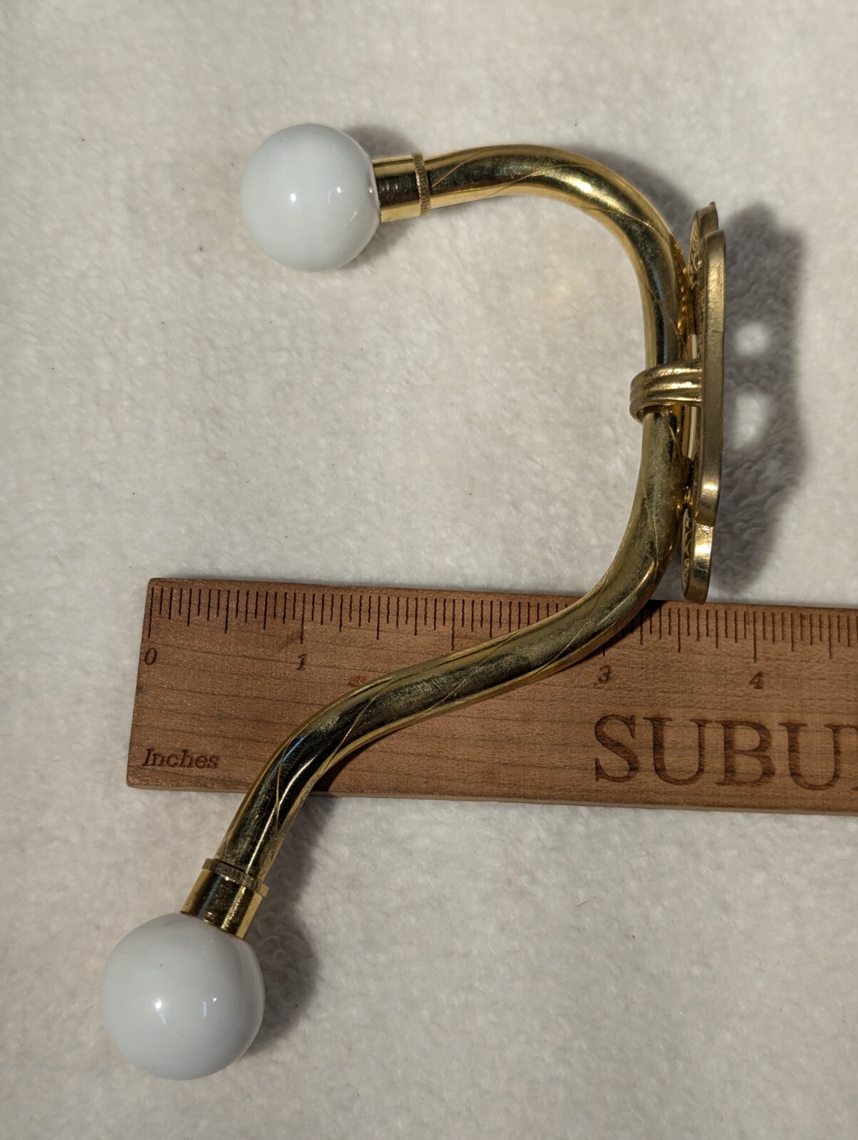 Vintage Brass Porcelain Knob Wall Mount Double Towel Hanger Coat Hooks NOS