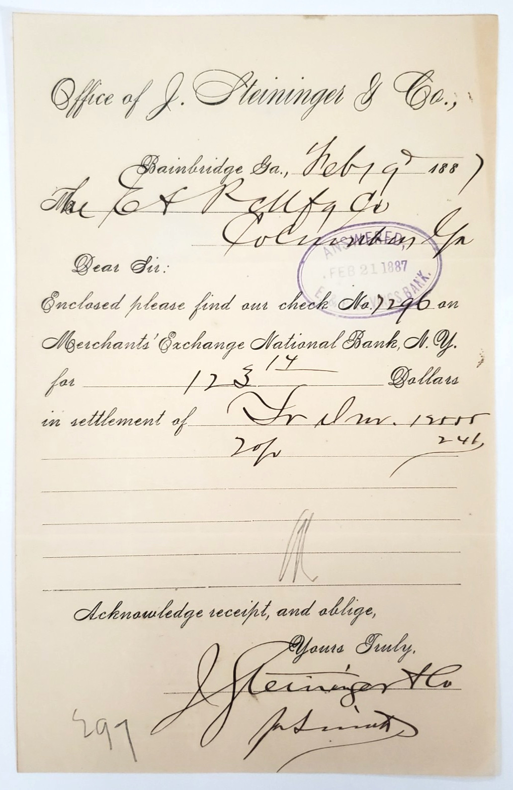 1887 Document, J. Steininger & Co, Bainbridge, GA