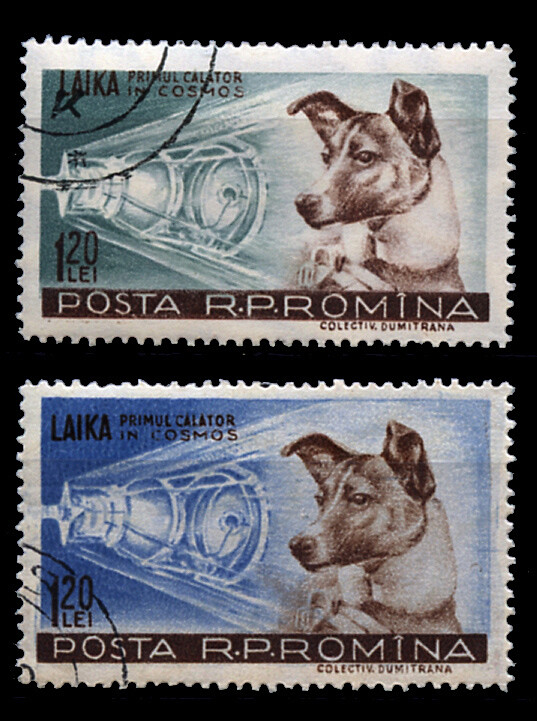DOGS in SPACE FLIGHT RUSSIAN DOG "Laika"  ROMANIA POSTAGE STAMPS x 2 "used" 1957