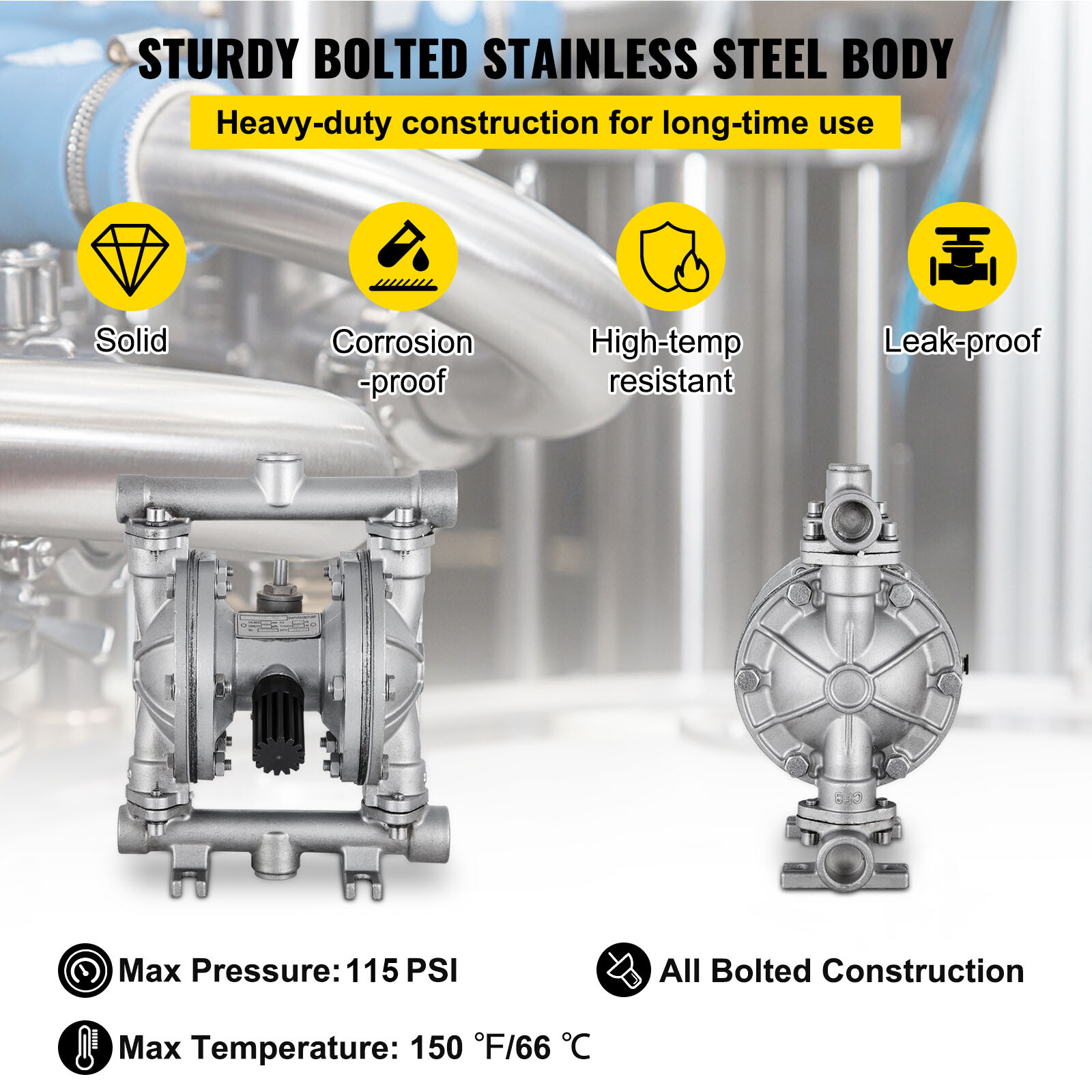 VEVOR 1/2 in Air-Operated Double Diaphragm Pump, 304 Stainless