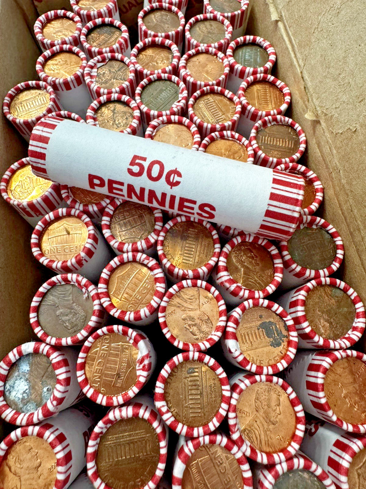 BANK SEALED Penny Box-50 Rolls ($25 Face) Unsearched Bank Find