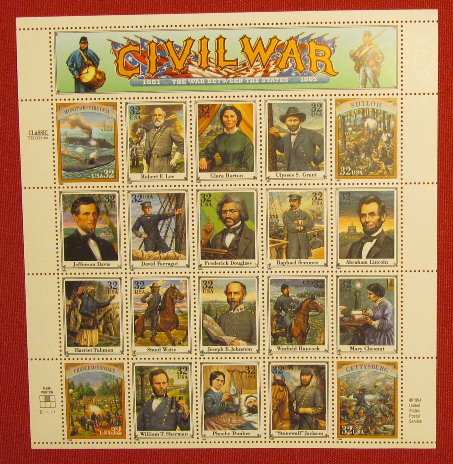 Four Sheets x 20 = 80 of American CIVIL WAR 32¢ US USA Postage Stamps. Sc # 2975
