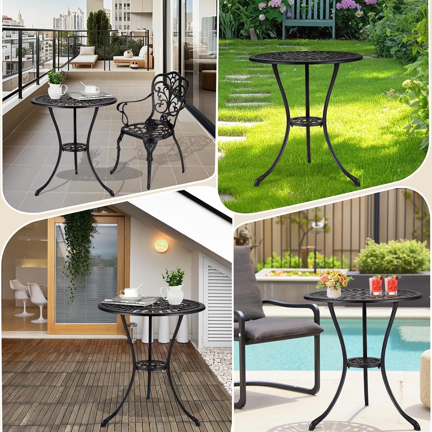 Round Patio Dining Table Cast Aluminum Outdoor Bistro Table With Umbrella Hole