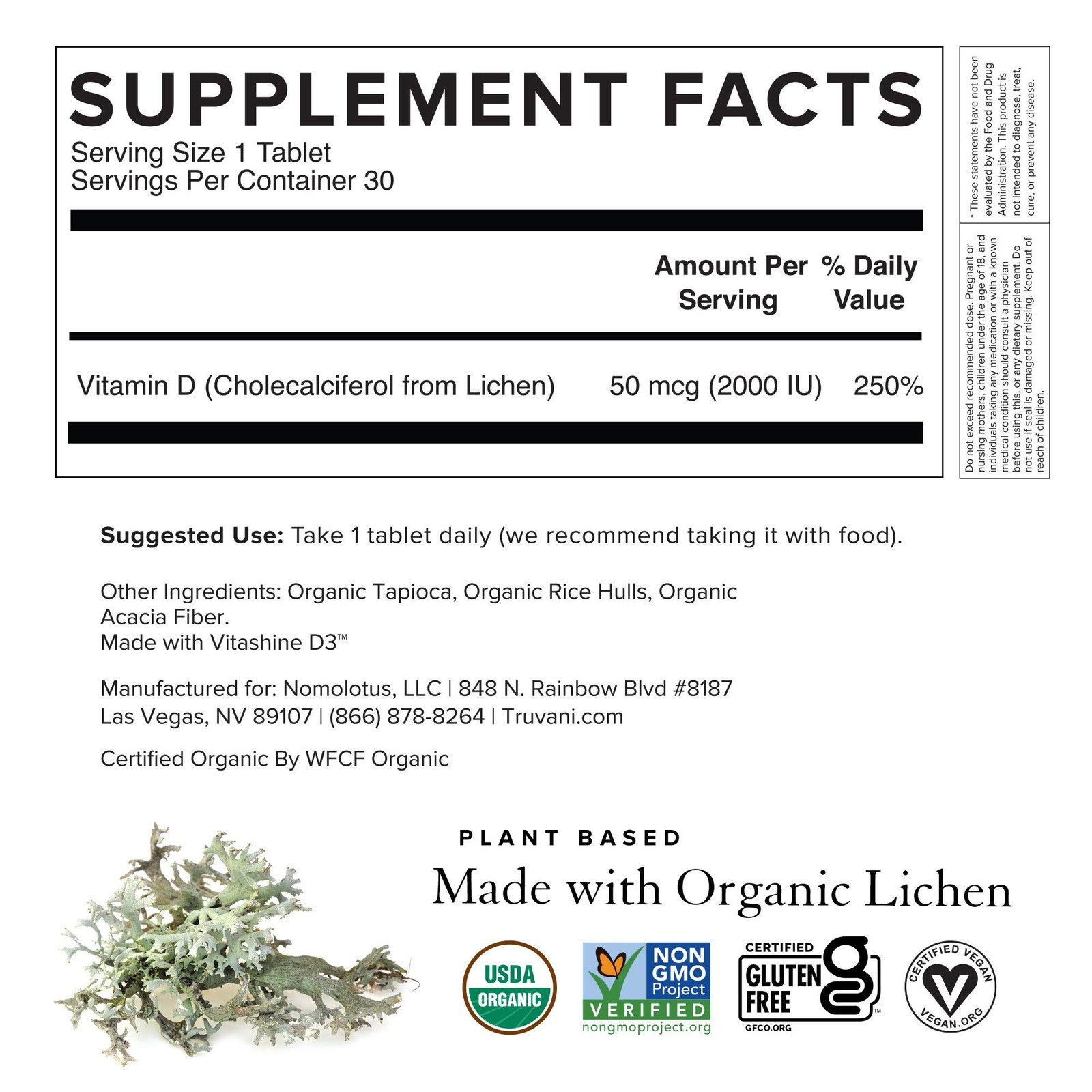 Truvani Organic Vitamin D3 - Plant-Based, USDA Organic, 30 Count (Pack of 1)