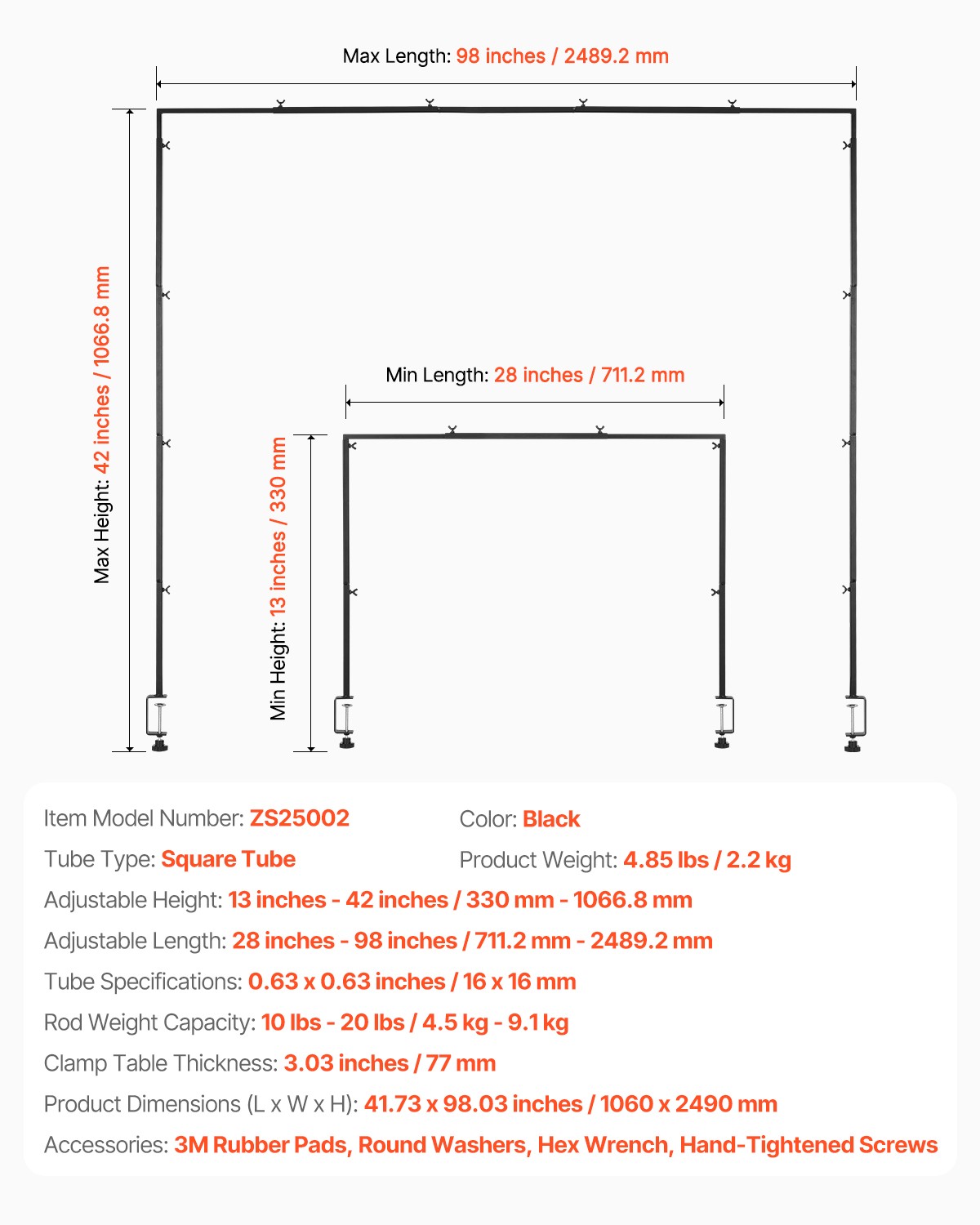 VEVOR Over The Table Rod Stand Metal Arch Frame 28"-98" Length Adjustable Clamp