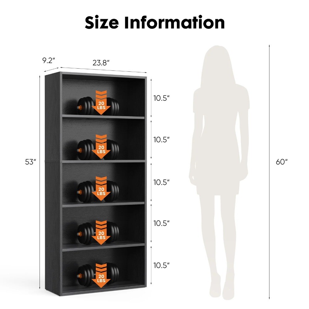 5-Tier Bookshelves with Adjustable Shelves,Black