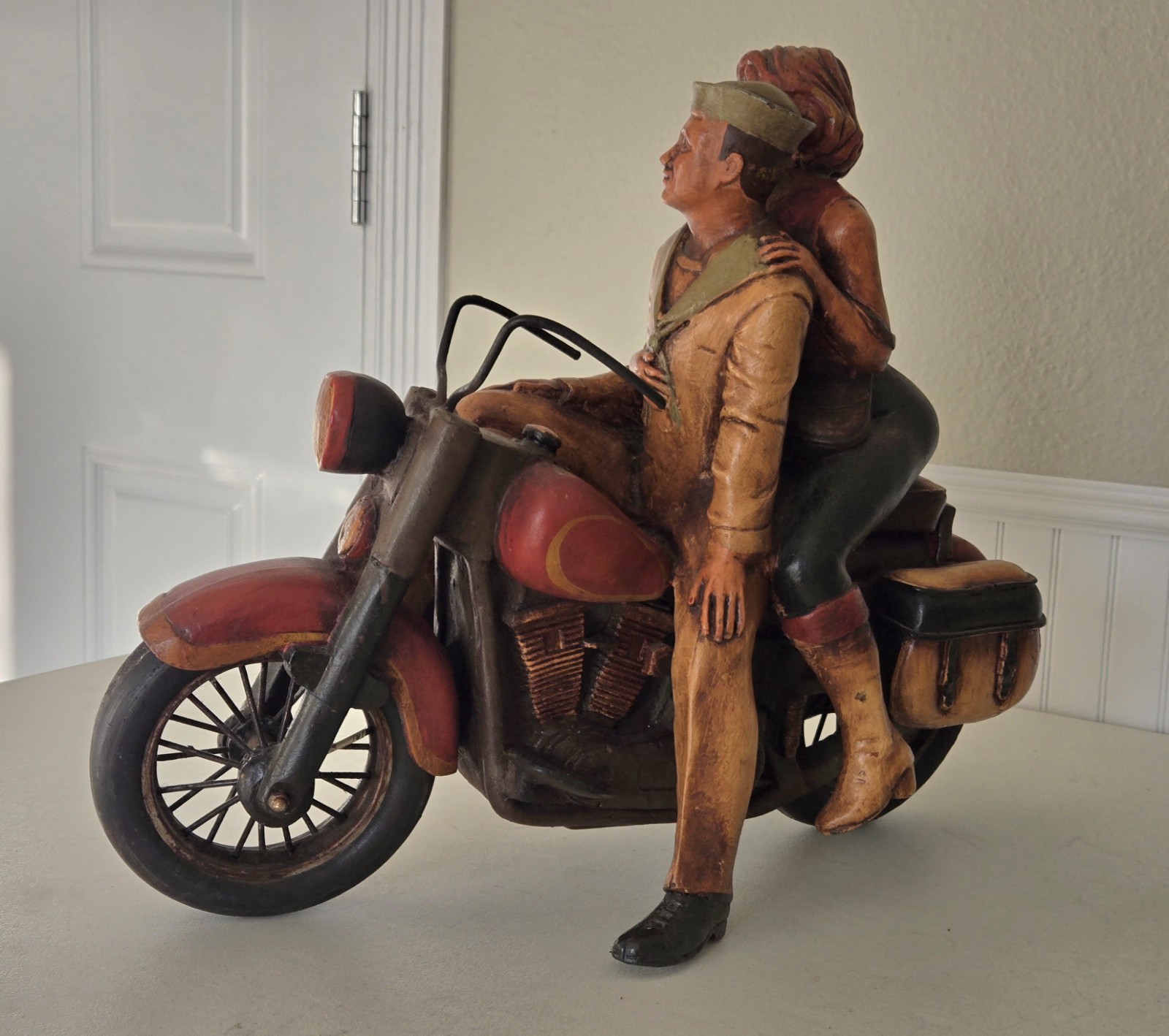 LARGE Wooden Sailor & Date Couple Riding Harley Davidson Motorcycle Sculpture