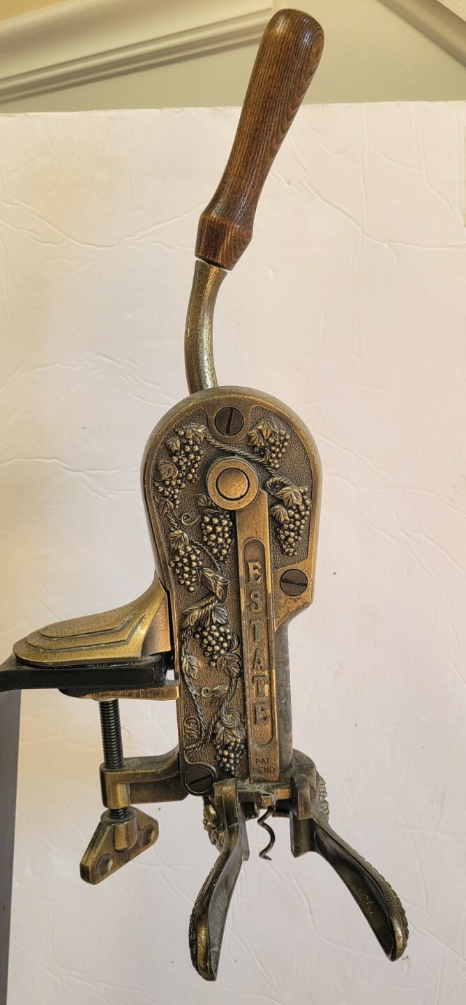 Rogar Estate Antique Brass Table Top Wine Bottle Opener w/ Wood Stand Corkscrew