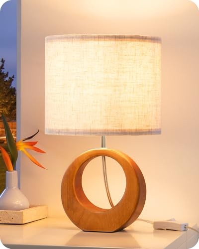 13.4" Small Table Lamp, Wood Nightstand Lamp with Beige Linen Mid Century