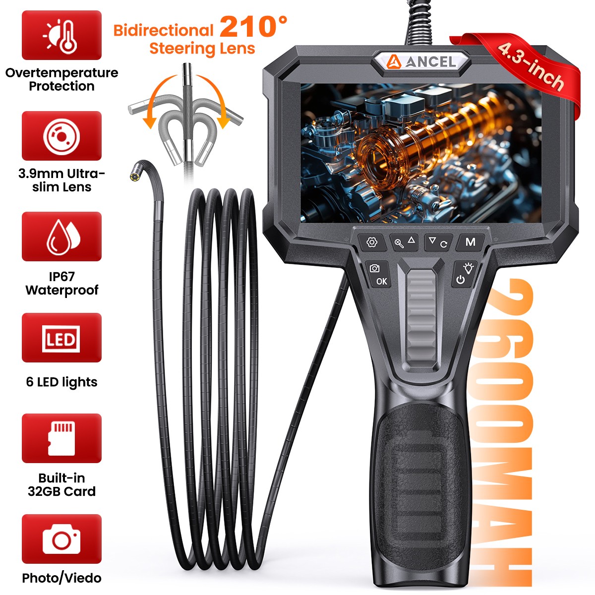 ANCEL AN303 Industrial Endoscope 3.9mm Articulating Endoscope 2-Way 210° 1080P