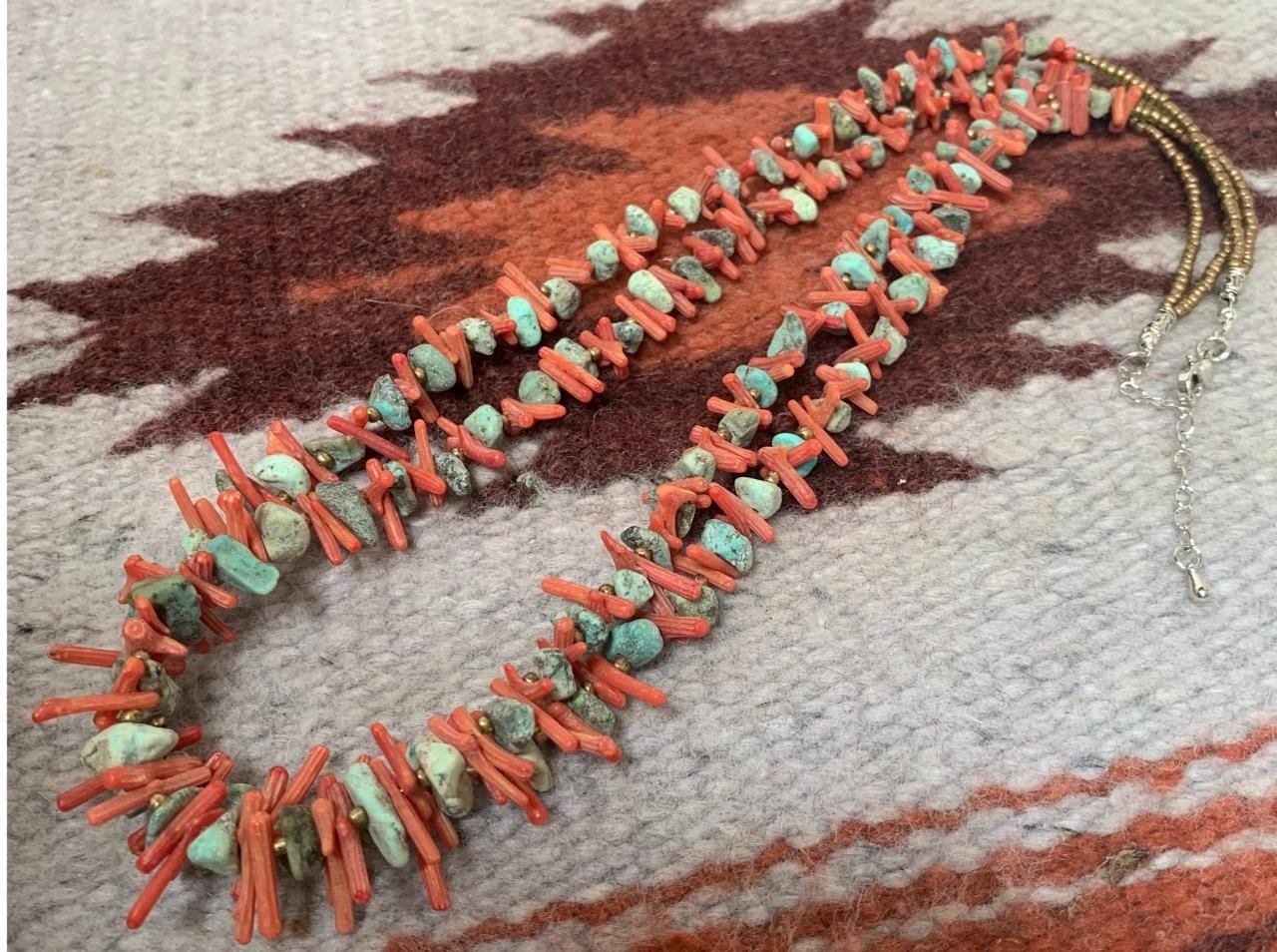 Ethnic multi-strands rustic turquoise/coral necklace22"/(b237-w2)