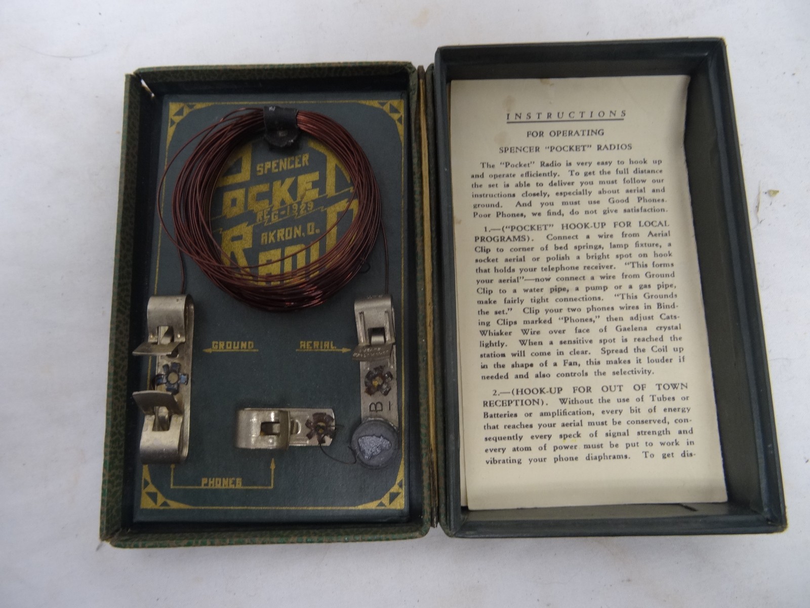 Spencer Pocket Crystal Radio with box and Spencer headphone and cables.