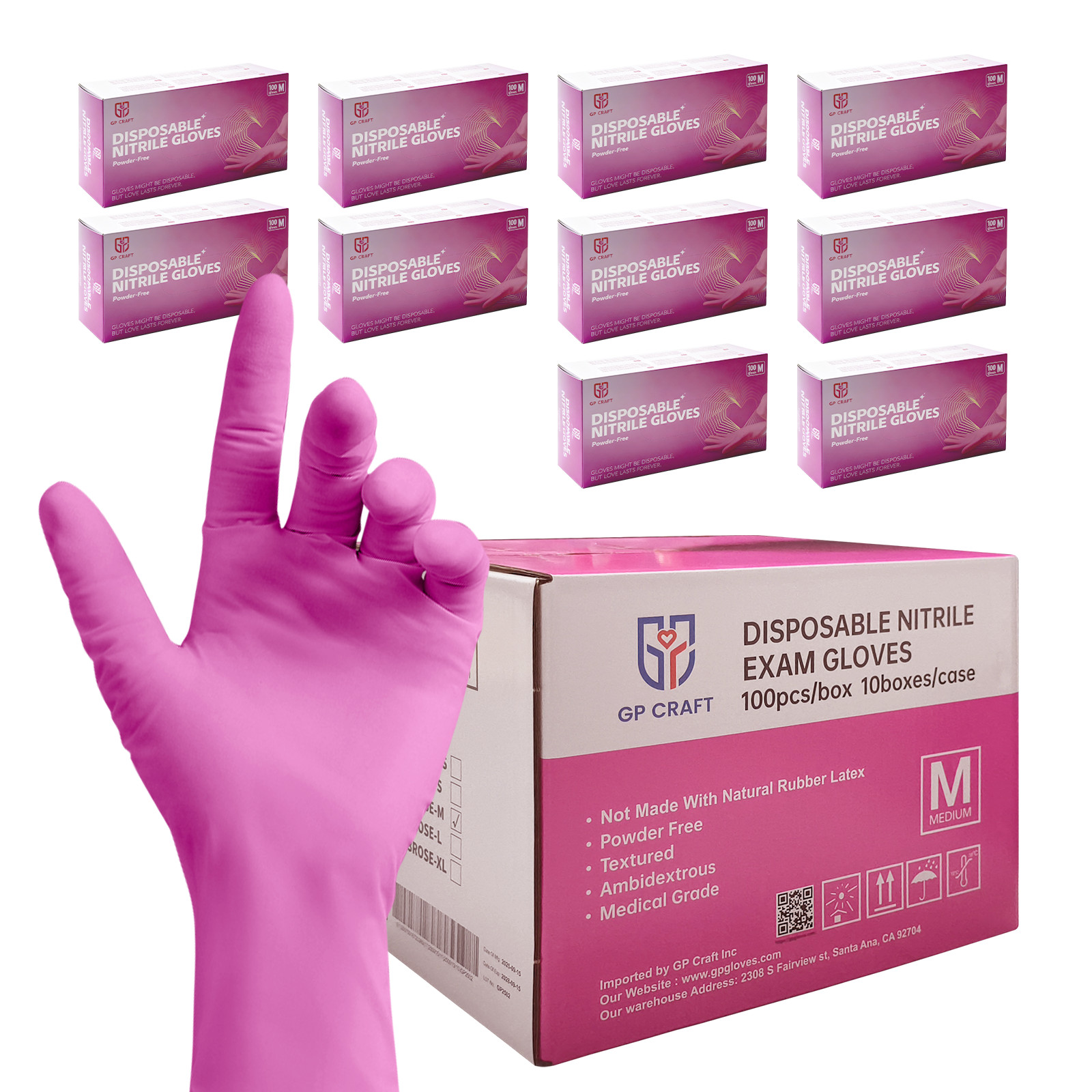 100Pcs Nitrile Exam Disposable Rose red Gloves, Latex & Powder Free