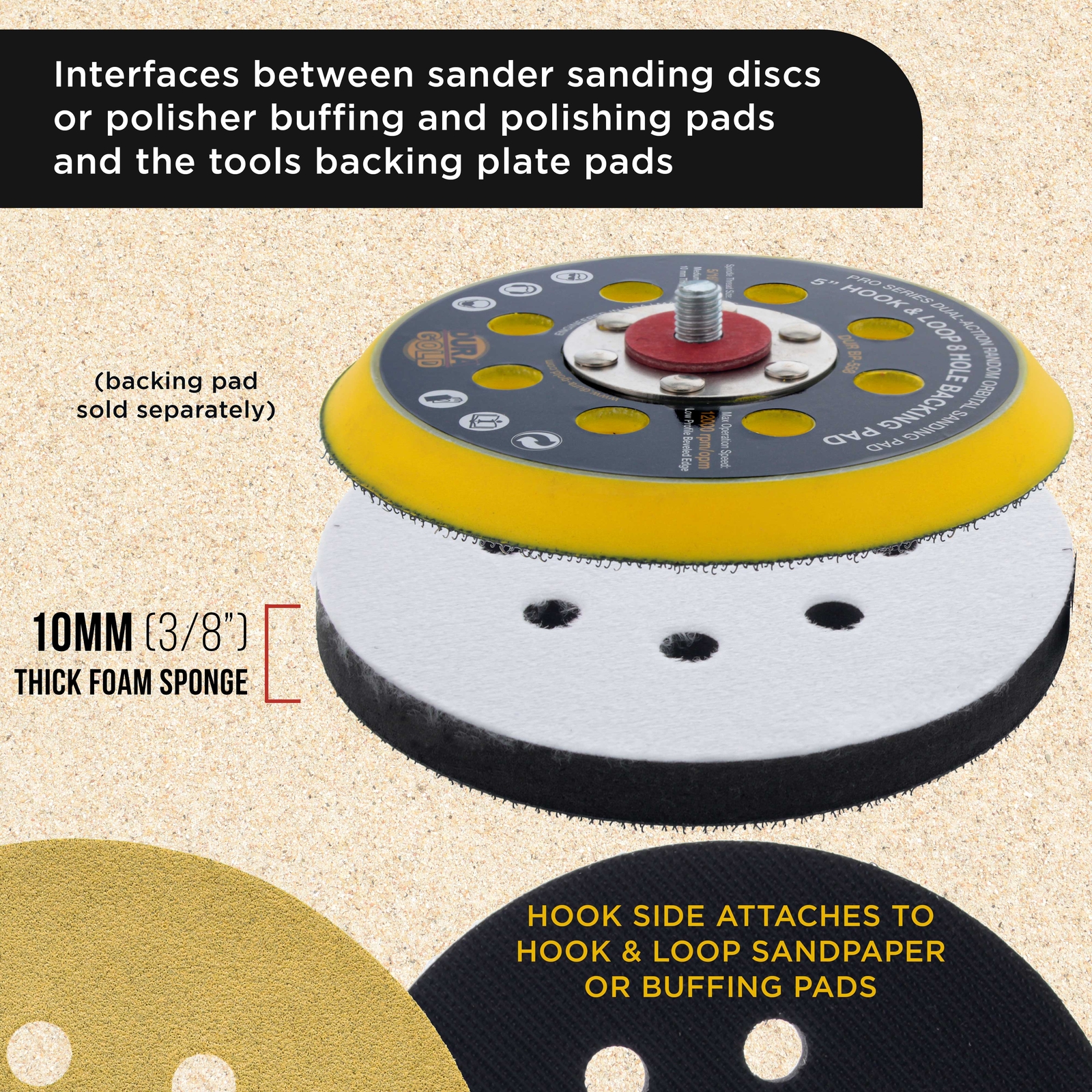 2 Dura-Gold 5" x 10mm Soft Density Interface Pads, Hook & Loop, 8 Hole Pattern