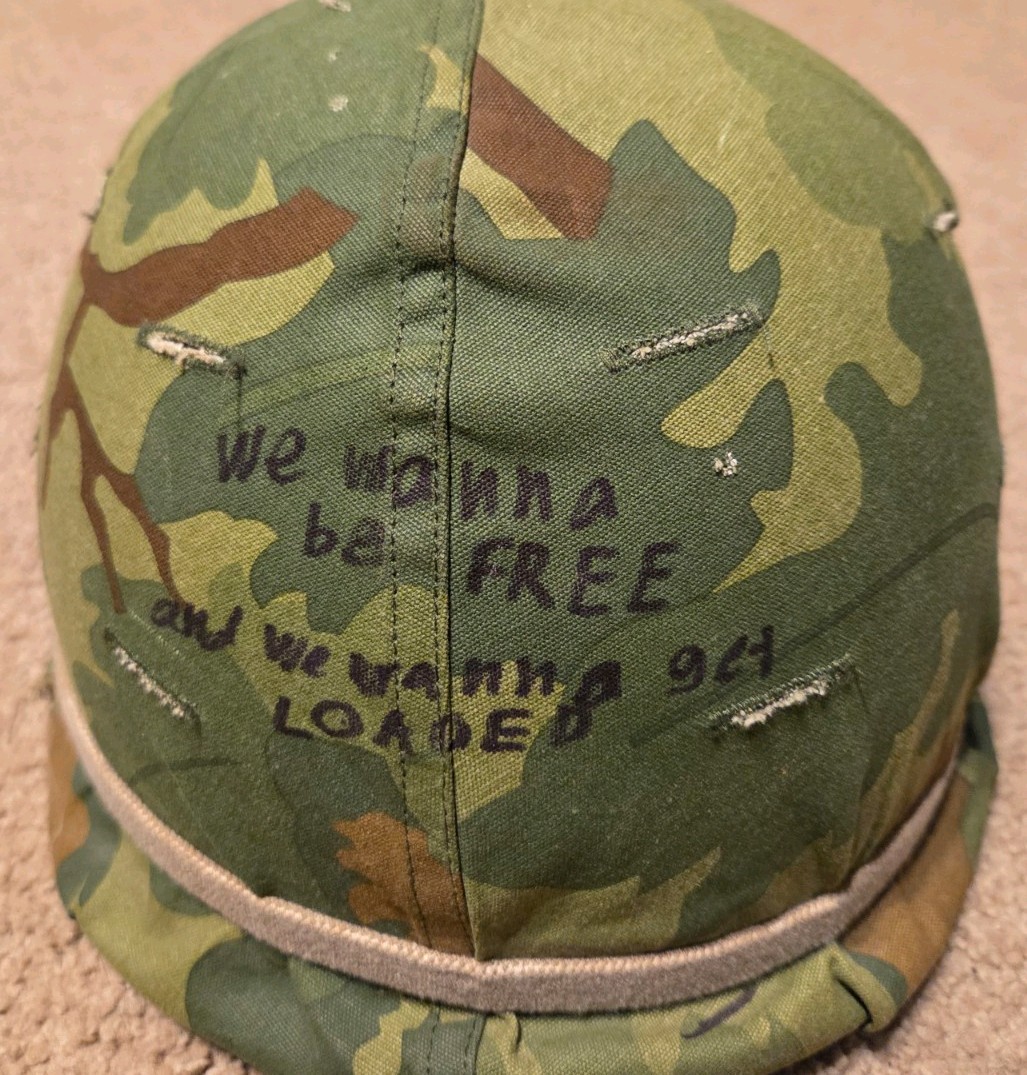 M1 Steel Pot Helmet With Reproduction Mitchel Camo Liner And Repro M81 Liner