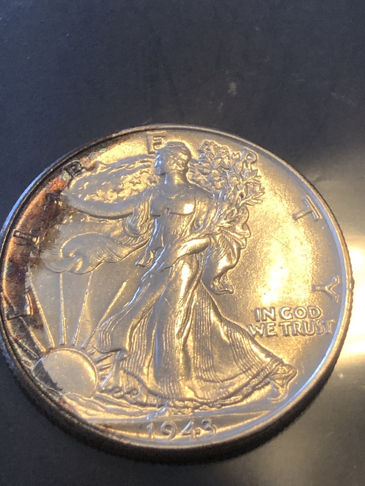 1943 W Walking Liberty Half Dollar Rainbow Toned BU
