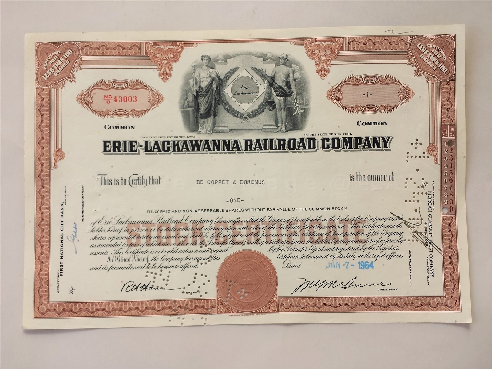 1964 vintage ERIE LACKAWANNA RAILROAD STOCK CERTIFICATE de coppet & doremus NY