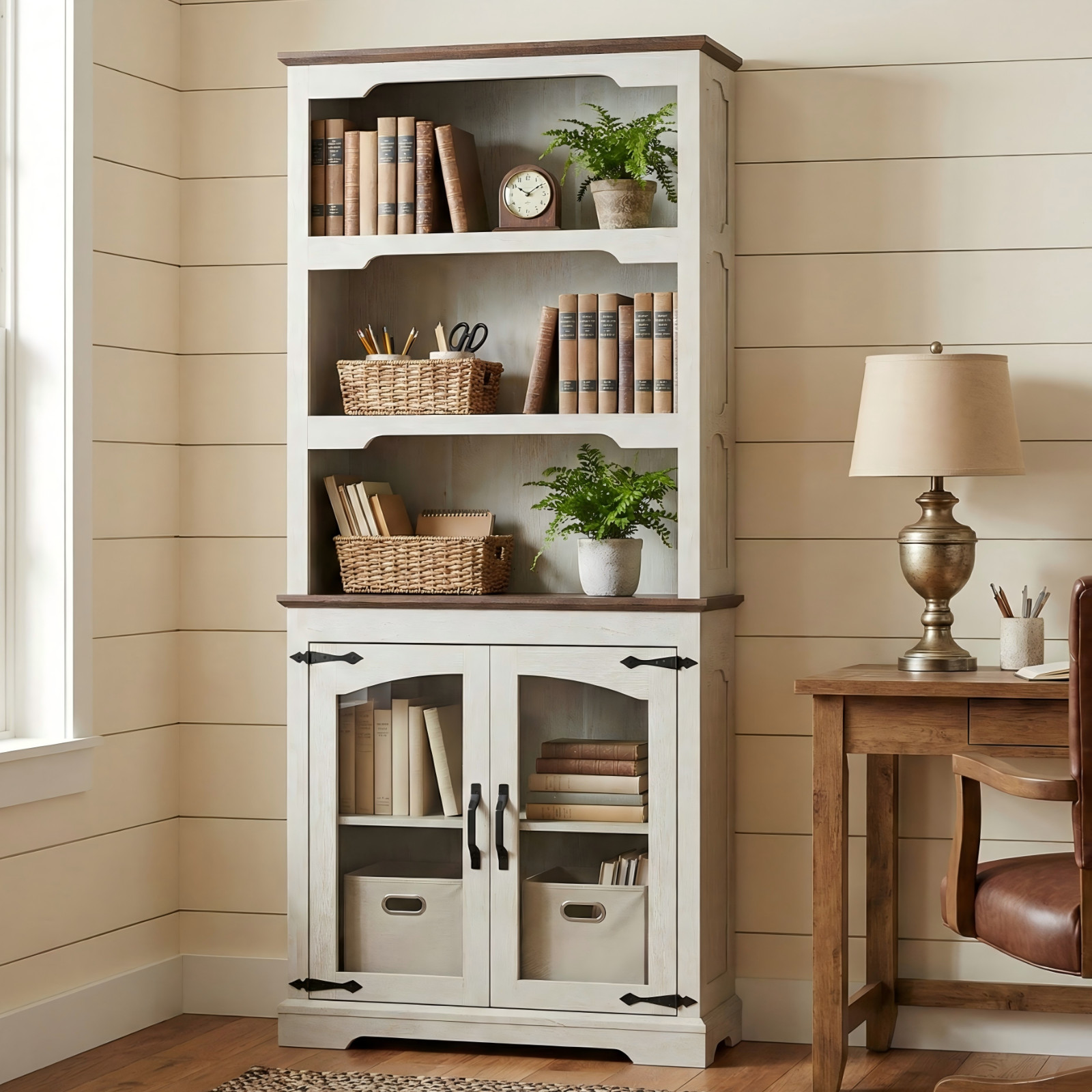 Farmhouse Tall Bookcase with Doors, Rustic White Storage Cabinet with Anti-Tip