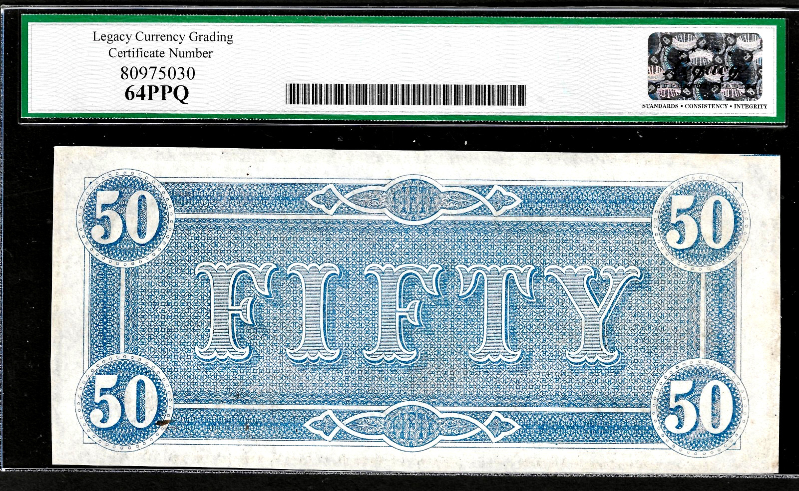 1864 Confederate States of America $50 Banknote T-66 LCG Choice 64PPQ